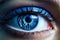 A close-up view of a futuristic cybernetic eye, highlighting the intricate details of AI and human augmentation