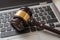 Close up view on gavel and computer keyboard. Internet security laws concept