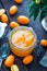 Close Up View of Glass Jar with Homemade Orange Kumquat Jam on Dark Wooden Background