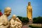 Close-up view of golden Buddha statue and giant Great Buddha sta