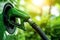 Close up view of a green colored gasoline hose refuel filling up a tank of a green car with beautiful bokeh. Generative AI