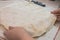 Close-up view of the hands cooking homemade potstickers. Soft focused.