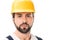 close-up view of handsome workman in hard hat looking at camera