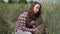 Close up view of happy woman with greyhound dog in the middle of a wheat field. Nature and animals concept