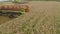 A close-up view of a harvester cutting wheat in a field.