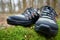 Close Up View of Hiking Boots on Moss Covered Forest Floor