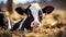 Close up view of holstein calf lying in straw inside dairy farm. Generative AI