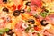 Close-up view of homemade pizza. Ingredients for pizza. Home preparation of fast food