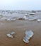 Close-up view of ice floes lying on a sandy beach during the beginning of ice drift on the Volga River.