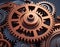 A close-up view of interlocking rusty metal gears on a dark background, symbolizing complex