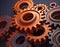 A close-up view of interlocking rusty metal gears on a dark background, symbolizing complex