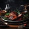 Close-up view of juicy steak with barbeque sauce. Dark rustic background.