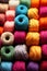 Close up view on knitting balls in different color, background with copy space