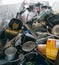 Close up view of large recycling bin filled with old steel and metal items