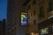 Close-up view of LED screen with Funny girl poster on August Wilson theater. Broadway shows concept. New York.