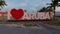Close up view of letters I love Aruba at sunset in center of Oranjestad, capital of Aruba.