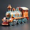 Close up view of locomotive, vintage train, express train toy isolated grey background. Fairy Christmas gift train.