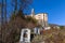 Close up view of Madonna del Sasso church above Locarno city on the stair way , a sanctuary and pilgrimage church in Orselina, in