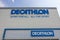 Close up view of main logo of sport market Decathlon on facade of building.