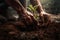 Close-up view of a male hands is planting a little tree in his garden.