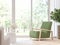 Close up view of modern living room with blurry nature background 3d render