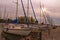 Close up view of moored yachts in a harbor yacht club in Lake Balaton, Balatonkenese. Stunning autumn landscape