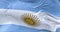 Close-up view of the national flag of Argentina waving in the wind. Horizontal striped flag in light blue color and the May Sun in