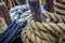 Close up view of nautical rope at a shipyard
