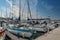 Close up view of the Ocean Village Marina with lots of yachts, tourist boats moored to the waterfront in Gibraltar.