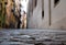 Close up view of old historic cobble in a street inPamplona