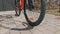 Close up view of orange mountain bicycle, parked near black wooden building.