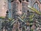Close up view of ornate moss covered medieval stonework on the historic chester cathedral