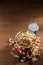 close up view of paper bucket with popcorn, soda drink and retro cinema tickets on wooden tabletop