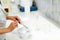 Close up view of a pharmacist in the laboratory mixing a medical ointment in a bowl