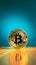 Close-up View of a Physical Gold Bitcoin against Vibrant, Colorful Digitally Rendered Backdrop