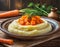 Close-up view plate of mashed potatoes with cooked carrots on brown wooden table