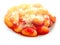 Close up view of a portion of gnocchi with tomato sauce and grated Parmesan cheese on top