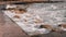 Close up view of promenade. Close up view of waves and stones. Sea promenade at bad stormy weather. Waves hitting city promenade.