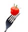 Close up view of red tomato on the fork