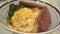 Close-up view of rice with luncheon meat ,egg and vegetable