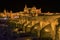A close-up view of the Roman bridge and old town of Cordoba, Spain at night
