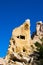 Close-up view of ruins of house in the cave. Picturesque landscape view of ancient cavetown near Goreme in Cappadocia.