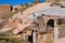 Close-up view of ruins of houses in the cave. Picturesque landscape view of ancient cavetown near Goreme in Cappadocia