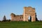 Close-up view of the ruins of main gate of Krements castle. Blue sky in the background. Mountain Bone in Kremenets