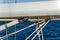 Close-up view of sailboat ropes. Pulleys and ropes on the mast. Yachting sport. Ship equipment