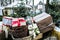 Close up view of a Santa sleigh full of gift boxes and presents for kids excitement. Christmas time fun decoration outside.