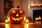 Close up view of scary Halloween pumpkin with eyes glowing inside