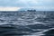 Close up view on sea surface. Two ships sailing on horizon. Sky covered with dense clouds. Water surface is rippling