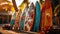 Close-up view of several colorful bright surfboards lying