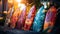 Close-up view of several colorful bright surfboards lying